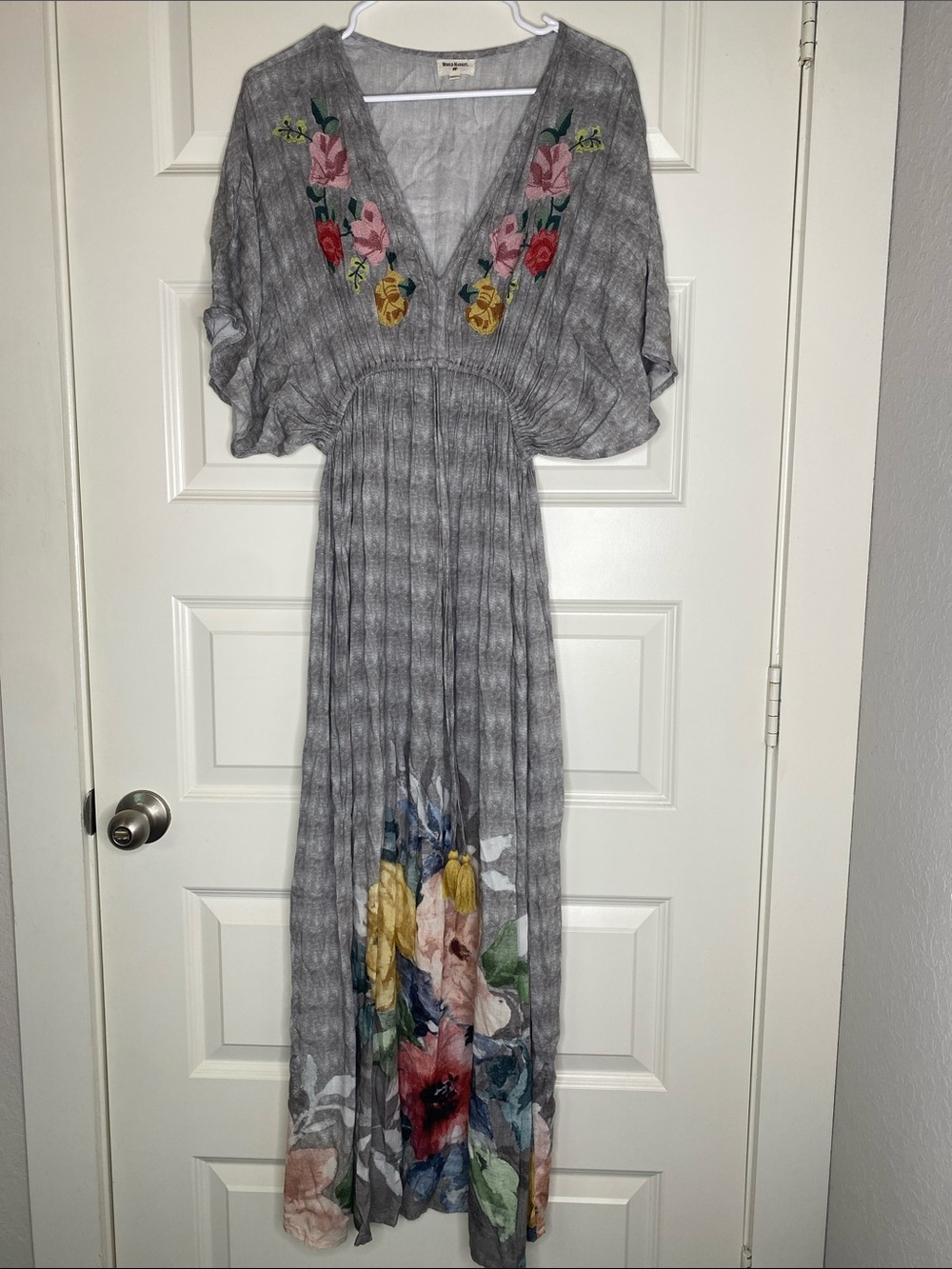 Cost Plus World Market Gray Maxi Dress with Multicolor Floral Embroidery